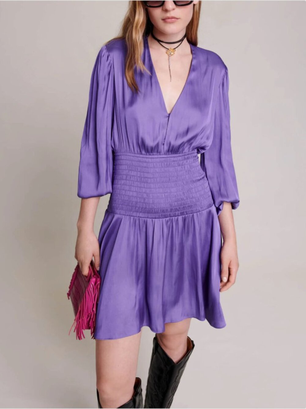 MAJE Shirred Purple Satin Mini Dress